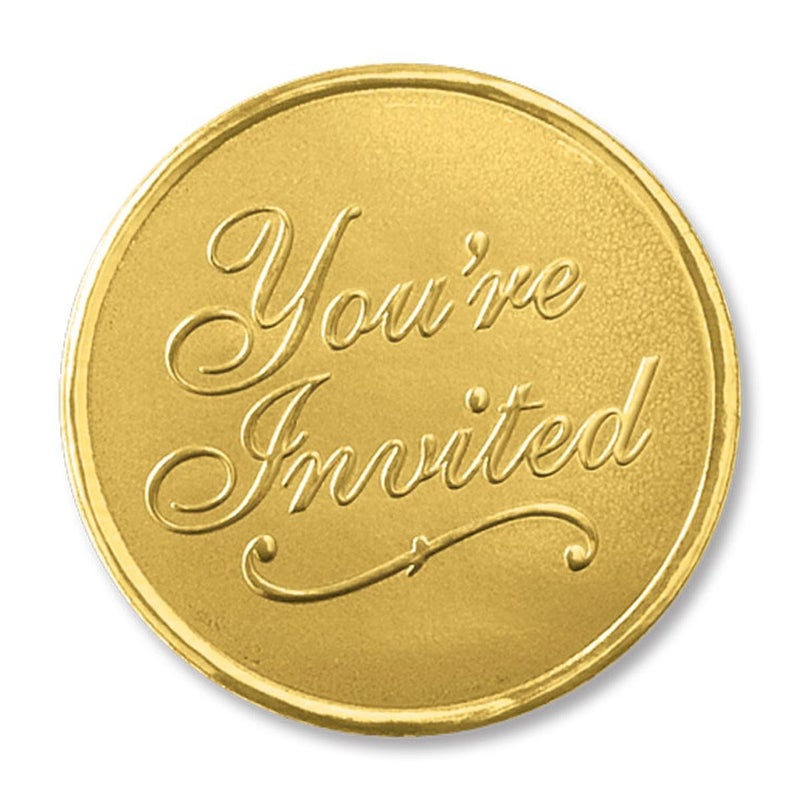 PaperDirect Gold You're Invited Round Embossed Foil Seals, 48 Count - Image 1